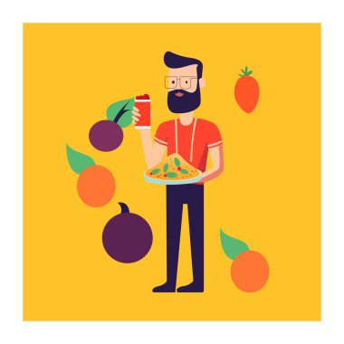  Vektör illüstrasyon sanat sakalı gözlüklü adam karışık meyve ve sebze yiyor sarı arka plan