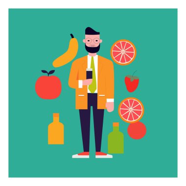  Vektör illüstrasyon sanatçısı ayakta meyve suyu içiyor. Detoks meyveleri yeşil arka plan taze meyve arka plan