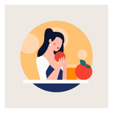   Vektör illüstrasyon sanatçısı kadın oturmuş domates gibi sağlıklı yiyecekler yiyor.