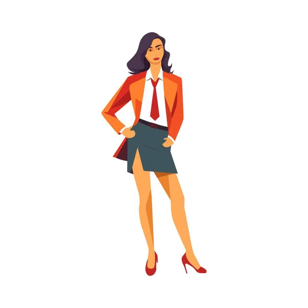 Imagen Ilustración Vectorial Una Mujer Oficina Vestido Corto Formal Pie — Vector de stock