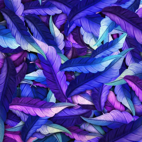 Using illustration art, create a blue purple tropical feather leaf background.