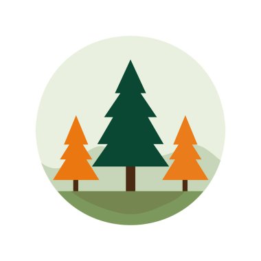 turuncu yeşil noel ağaçları yeşil arazide beyaz zemin üzerinde dairesel tasarım vektör illüstrasyon sanatını kullanarak