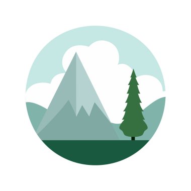 Kış mevsimi manzarası Noel ağacı dağları beyaz arka planda vektör illüstrasyon sanatı ile daire çizimi