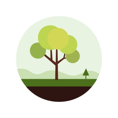 Beyaz arkaplanda orman dairesel tasarımında vektör illüstrasyon sanatı tuhaf şekilli yeşil ağaç kullanılıyor