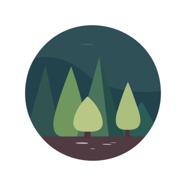 Beyaz arkaplanda, vektör illüstrasyon sanatı kullanılarak gece görüşünde birkaç ağacın dairesel tasarımı