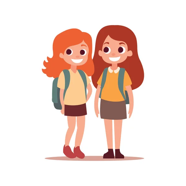 Deux Écolières Aux Cheveux Bruns Sacs Dos Debout Joyeusement Heureux — Image vectorielle