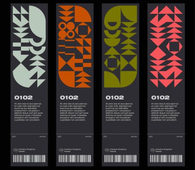 Ticket vector template layout with abstract Bauhaus geometric pattern, vector circle, triangle, and square lines color art design.  Useful for banners, posters, flyers, prints, labels, tickets.