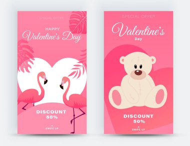 Social media splash screen layout for Valentine's Day celebration. Banners with romantic design. Ideal for wedding, event invitation, discount voucher, promo. Vector