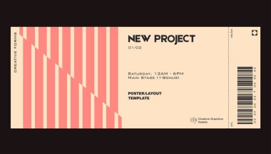 Modern exhibition ticket template layout made with abstract vector geometric shapes. Brutalism inspired graphics. Great for branding presentation, poster, cover, art, tickets, prints, etc.