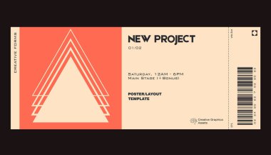 Modern exhibition ticket template layout made with abstract vector geometric shapes. Brutalism inspired graphics. Great for branding presentation, poster, cover, art, tickets, prints, etc.