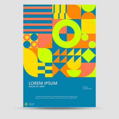 Abstract Bauhaus geometric pattern background, vector circle, triangle, and square lines color art design. Modern vertical mosaic banner vector. Applicable for covers, flyers, etc.