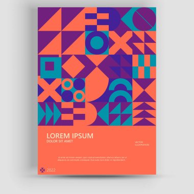 Abstract Bauhaus geometric pattern background, vector circle, triangle, and square lines color art design. Modern vertical mosaic banner vector. Applicable for covers, flyers, etc.