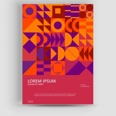 Abstract Bauhaus geometric pattern background, vector circle, triangle, and square lines color art design. Modern vertical mosaic banner vector. Applicable for covers, flyers, etc.