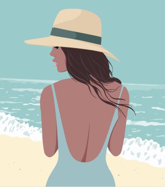 Merhaba Summer. Moda posteri, kart ya da resimde deniz kenarında kumlu sahilde duran yaz elbisesi ve şapkası içinde güzel bir genç kadın var. Yaz ruhunu benimse.