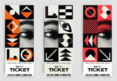 Cesur geometrik şekilleri ve soyut sembolleri olan postmodern çizimler. Bilet vektör şablonları davetiyeler, afişler, posterler, el ilanları, baskılar, etiketler ve biletler oluşturmak için basit bir düzene sahiptir.
