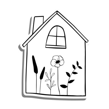 Beyaz siluet ve gri gölgede tek renkli ev bitkisi. Dekorasyon veya herhangi bir tasarım için vektör illüstrasyonu.