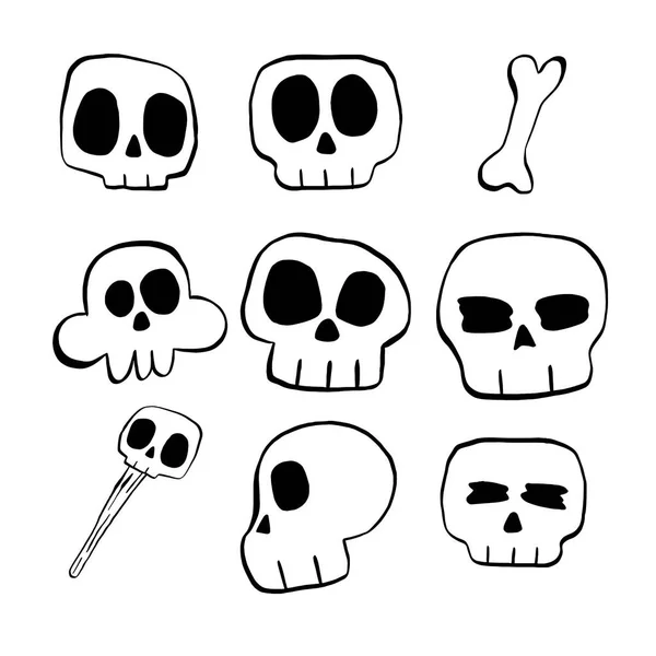 Conjunto Ilustración Vectorial Línea Dibujos Animados Skull Sobre Fondo Blanco — Vector de stock