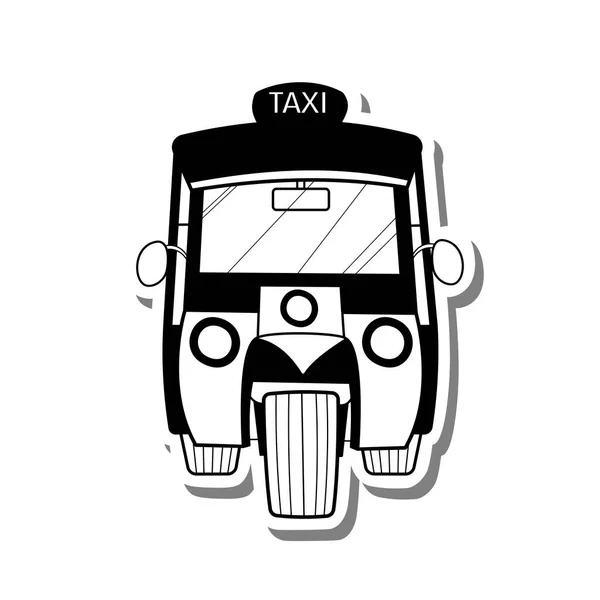 タイのかわいい漫画の小さなタクシー公共三輪車白いシルエットと灰色の影に Tuk Tuk モノクロームと呼ばれる どんなデザインのための車両についてのベクトルイラスト — ストックベクタ