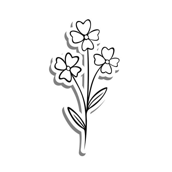 Monocromo Tres Flores Hojas Silueta Blanca Sombra Gris Ilustración Vectorial — Archivo Imágenes Vectoriales