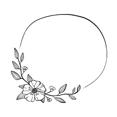 Siyah çizgili yapraklar ve çember şeklinde çiçekler. Dekorasyon logosu, metin, düğün, tebrik kartları ve herhangi bir tasarım için vektör illüstrasyonu