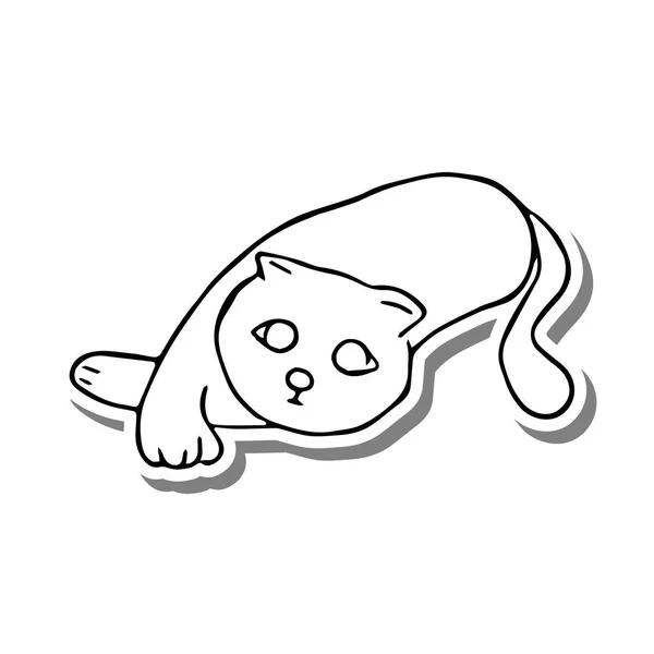 黒い線猫の白いシルエットと灰色の影に横たわっている 手描きの漫画スタイル 装飾または任意のデザインのための人形 子供アートのベクトルイラスト — ストックベクタ