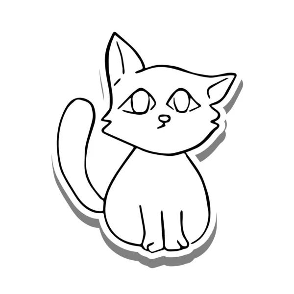 黒い線猫の白いシルエットと灰色の影に座っている 手描きの漫画スタイル 装飾または任意のデザインのための人形 子供アートのベクトルイラスト — ストックベクタ