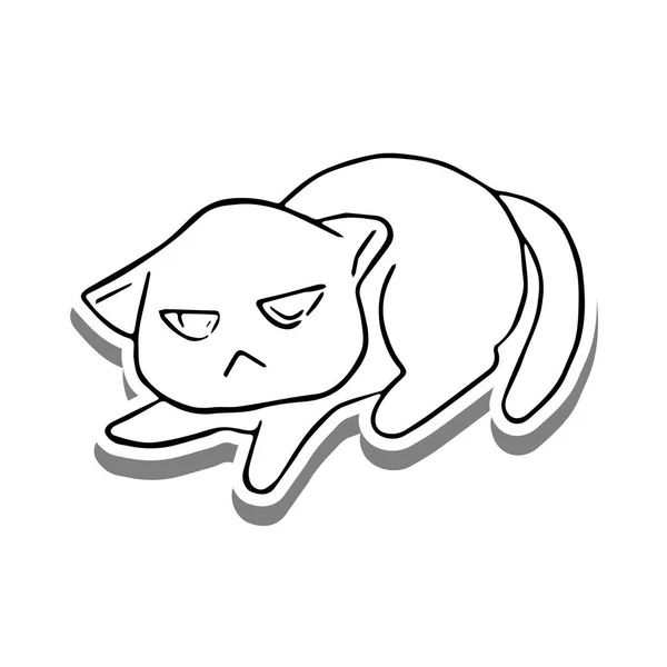 Černá Čára Krčící Kočka Bílé Siluetě Šedém Stínu Ručně Kreslený — Stockový vektor