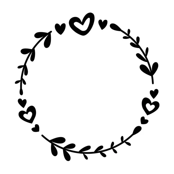 Doodle Black Line Heart Leaves Circle White Background Vector Illustration — Stock Vector