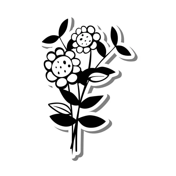Flores Hojas Monocromas Sobre Silueta Blanca Sombra Gris Ilustración Vectorial — Archivo Imágenes Vectoriales