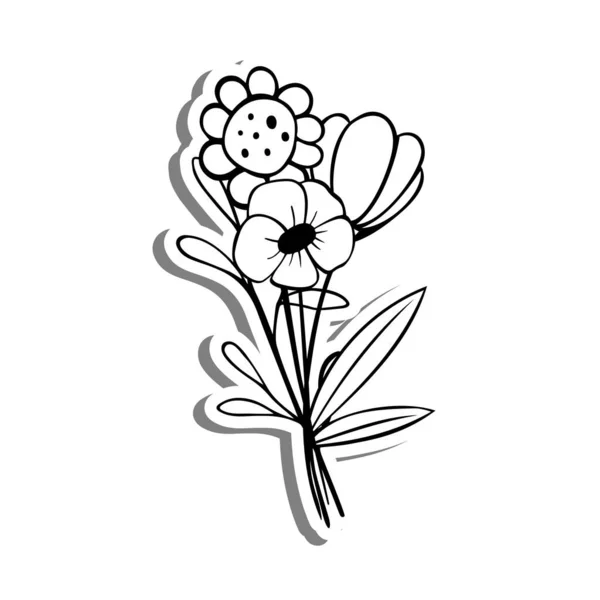 Little Bouquet Line Art Flower Leaves Pollen White Silhouette Gray — Διανυσματικό Αρχείο