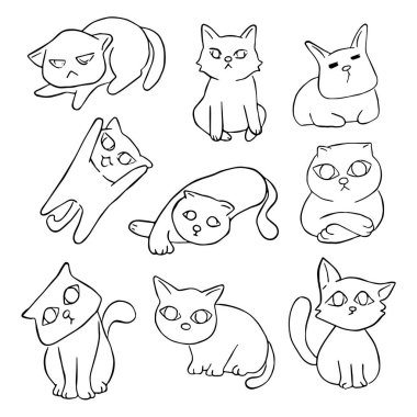 Dokuz kediden oluşan siyah çizgi. El çizimi çizgi film tarzı. Boyama, dekorasyon ya da herhangi bir tasarım için karalama. Çocuk sanatının vektör çizimi.