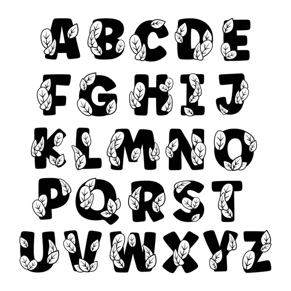 Schattig Decoratief Lettertype Alfabet Met Bladeren Vector Nature Thema — Stockvector