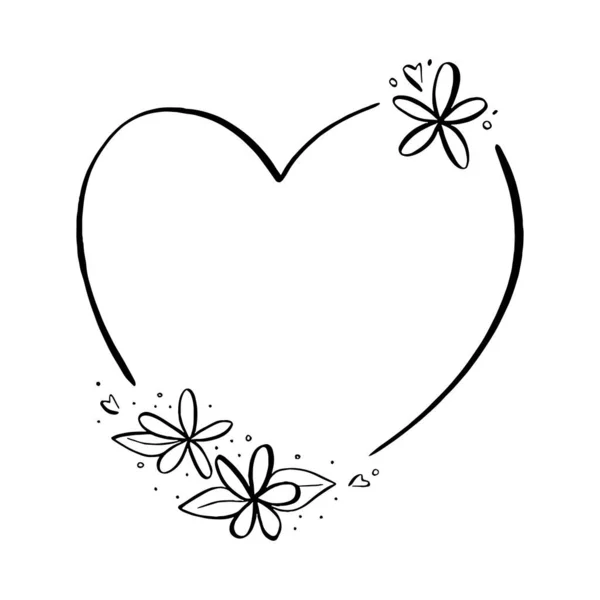 Doodle Black Line Flowers Leaf Heart Shape Frame Vector Illustration — Stock Vector