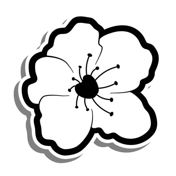 Doodle Flor Cerezo Línea Negra Flor Sakura Silueta Blanca Sombra — Archivo Imágenes Vectoriales