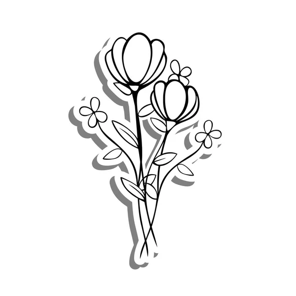 Doodle Λουλούδια Και Φύλλα Λευκή Σιλουέτα Και Γκρι Σκιά Εικονογράφηση — Διανυσματικό Αρχείο