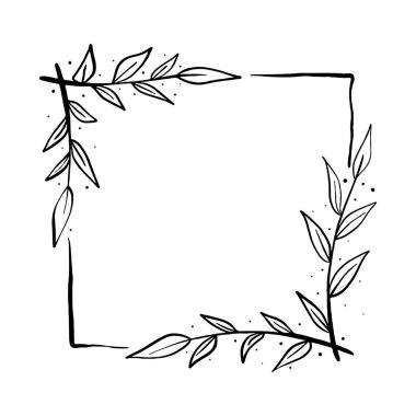 Kesilen dosya için 2 beyaz siluette yaprakları olan siyah kare çerçeve. Dekorasyon logosu, metin, düğün, tebrik kartları ve herhangi bir tasarım için vektör illüstrasyonu.
