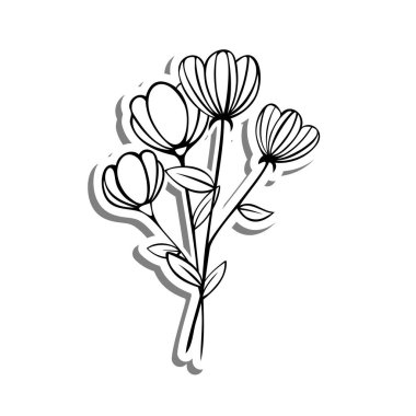 Beyaz siluet ve gri gölgede siyah çizgi Küçük Buket. El çizimi çizgi film tarzı. Dekorasyon, renk ve herhangi bir tasarım için vektör illüstrasyonuName.