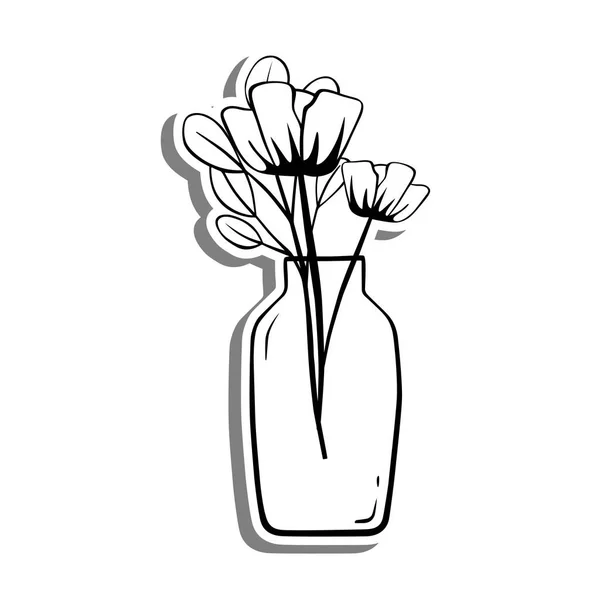 Linea Nera Doodle Flower Una Bottiglia Silhouette Bianca Ombra Grigia — Vettoriale Stock