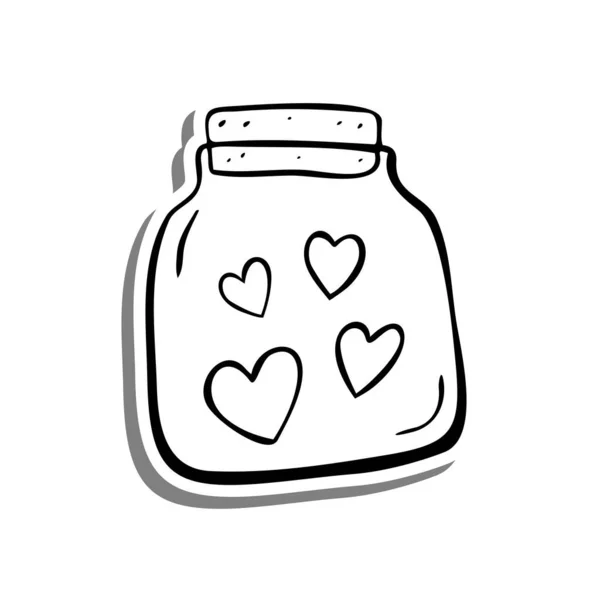 Doodle Line Hearts Jar Λευκή Σιλουέτα Και Γκρι Σκιά Εικονογράφηση — Διανυσματικό Αρχείο