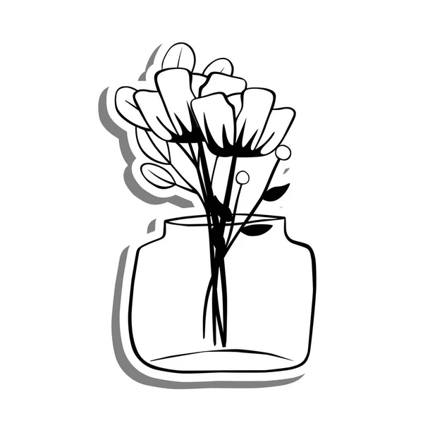Beyaz Siluet Gri Gölgeye Siyah Çizgi Çiçekleri Kavanoza Karalıyor Çizimi — Stok Vektör
