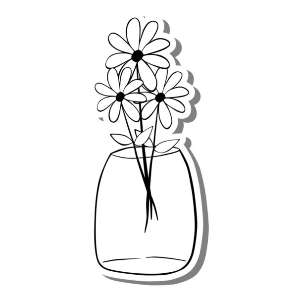 Linea Nera Doodle Three Daisy Glass Jar Silhouette Bianca Ombra — Vettoriale Stock