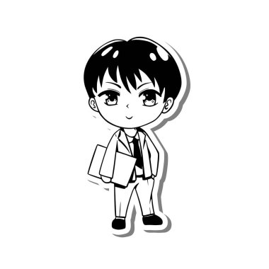 Tatlı çizgi film karakteri Ofis Adamı. Takım elbiseli bir erkek çalışanın elinde belgeler var. Beyaz silueti ve gri gölgeyi karala. Çalışan kişi hakkında vektör illüstrasyonu, herhangi bir tasarım için siyah çizgi manga biçimi.