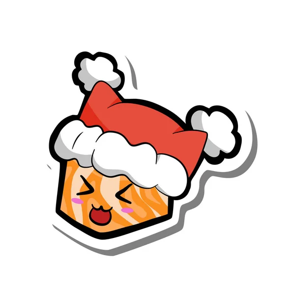 Leuke Cartoon Zalm Sushi Glimlach Met Kerst Rode Hoed Witte — Stockvector