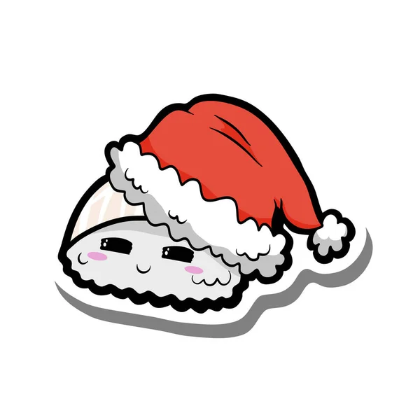 可爱的卡通章鱼寿司笑了 圣诞红帽子 白色的轮廓和灰色的阴影 假日的媒介图解 — 图库矢量图片