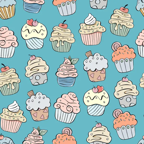 Renkli Kek kusursuz desen. Kağıt, kapak, kart, kumaş, arkaplan ve herhangi bir şey için tasarım. Sweets Tatlısıyla İlgili Vektör illüstrasyonu.