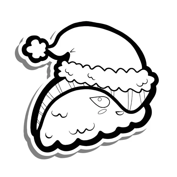 Cute Cartoon Salmon Sushi Smile Christmas Hat White Silhouette Gray — Stock Vector