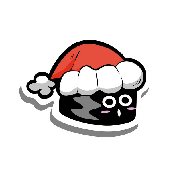 Cute Cartoon Maki Sushi Christmas Red Hat White Silhouette Gray — Stock Vector