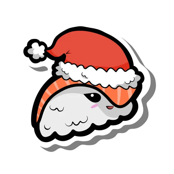 白いシルエットと灰色の影のクリスマスの赤い帽子でかわいい漫画のサーモン寿司笑顔 休日に関するベクトルイラスト — ストックベクタ