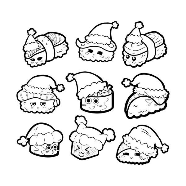 帽子付きかわいい漫画クリスマス寿司のベクターイラストのセット — ストックベクタ