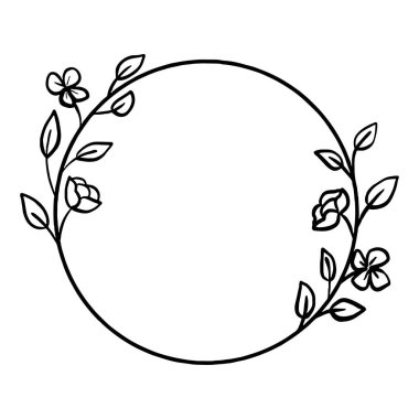 Siyah çizgi çiçekleri yuvarlak bir çerçeve yapar. Dekorasyon logosu, metin, tebrik kartları ve herhangi bir tasarım için vektör illüstrasyonu.